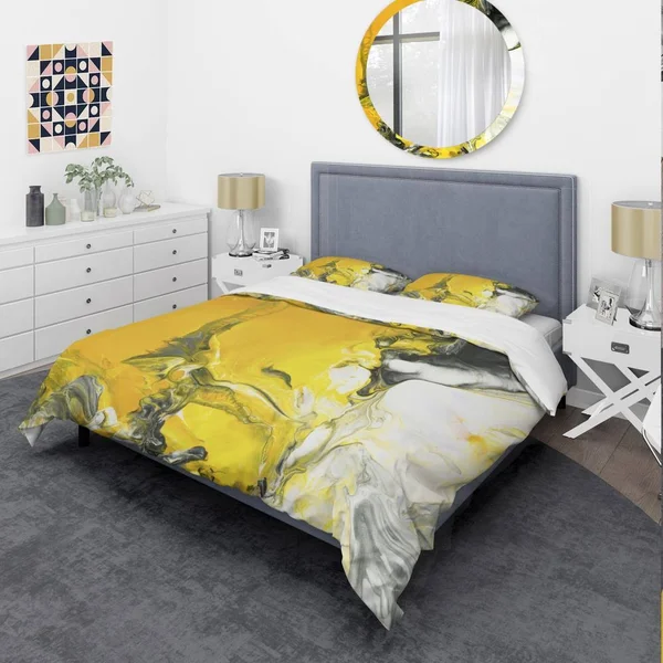 Designart &White and Yellow Marbled Acrylic with A Cloud of Black& Modern & Contemporary Bedding Set - Duvet Cover & Sha
