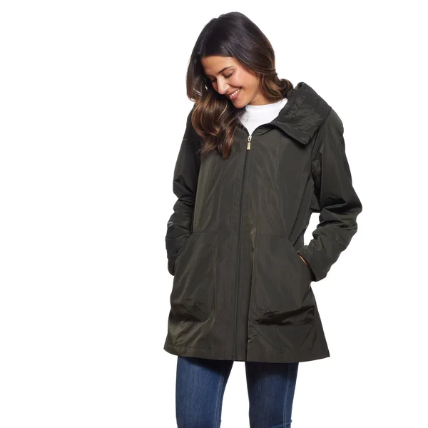 Martha Stewart Pleated Hood Rain Coat, Polyester in Deep Olive, Xs