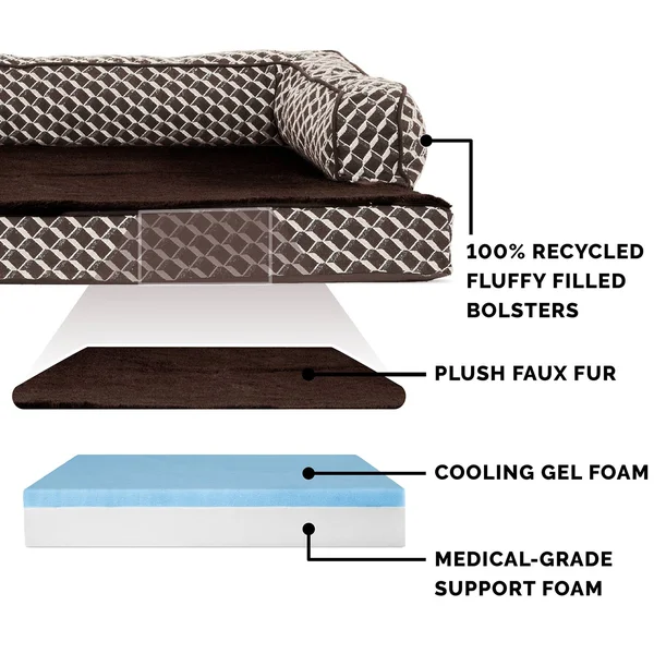 FurHaven Sofa Dog Bed - Plush & D閏or Comfy Couch Cooling Gel Foam - Jumbo Plus, Diamond Brown