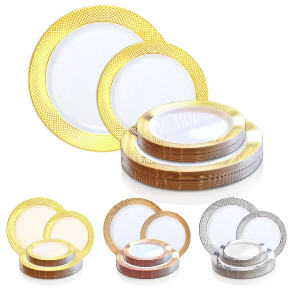 Crystal 7.5x22 Ivory with Gold Diamond Rim Disposable Plastic Salad Plates, Posh Party Supplies