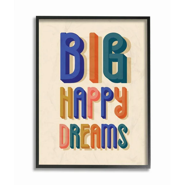 The Kids Room by Stupell Big Happy Dreams Bright Blue Teal Orange Pink and Yellow Block Lettered Typography Framed Giclee Textur