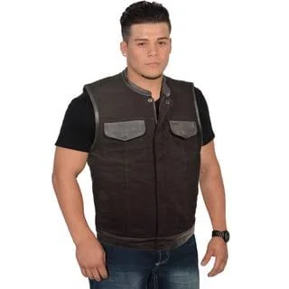 Men's Denim Leather Trim Hidden Zipper Club Vest (5XL), Black