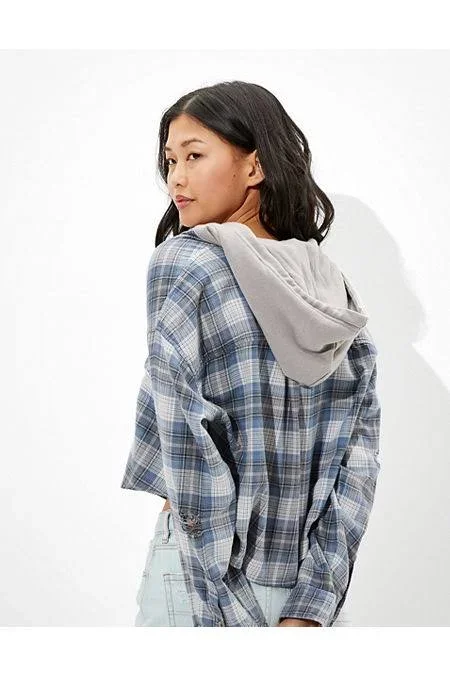 Ae Cropped Hooded Flannel Shirt Women's Blue Xxs