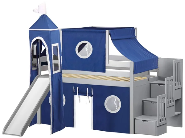 Jackpot Castle Low Loft Twin Stairway Bed with Slide Blue & White Tent and Tower, Gray