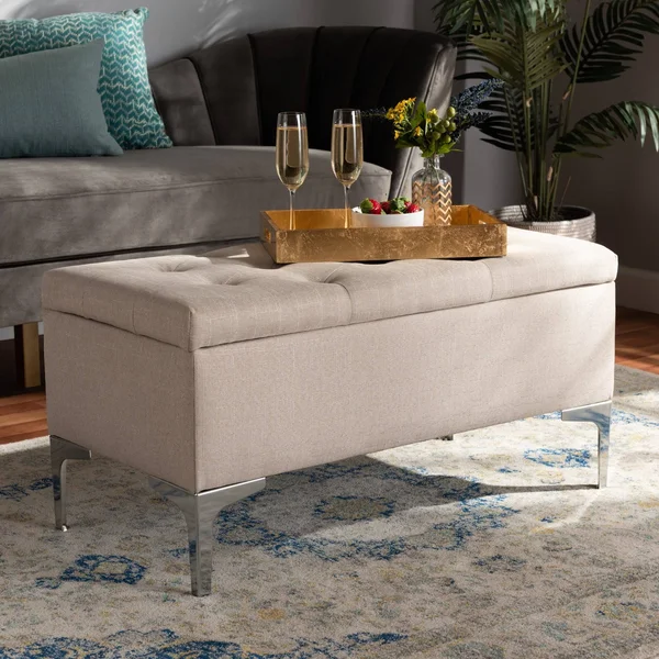 Mabel Modern and Contemporary Fabric and Silver Metal Storage Ottoman - Blue