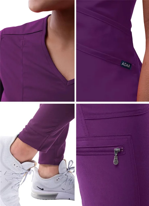 Adar Pro Modern Athletic Scrub Set for Women - Modern V-Neck Scrub Top & Yoga Jogger Scrub Pants - P9500 - Eggplant - Xxs