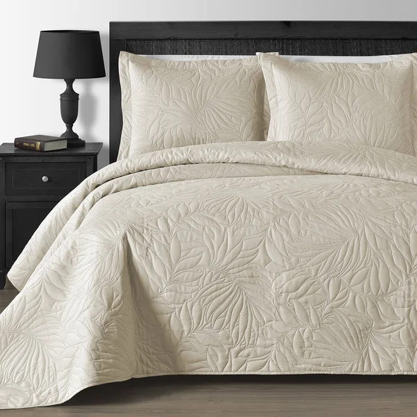 Comfy Bedding Extra Lightweight and Oversized Thermal Pressing Leafage 3-Piece Coverlet Set (King/Cal King - Beige)