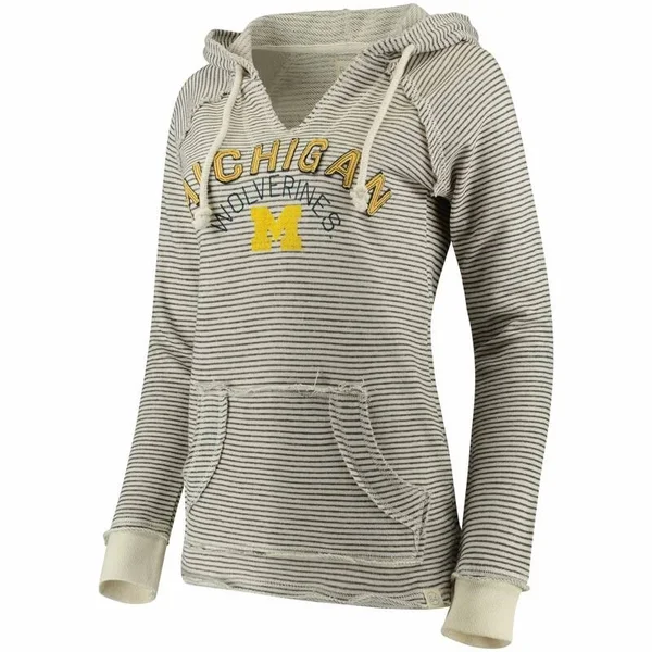 Blue 84 Michigan Wolverines Women's Cream PRG Striped French Terry V-Neck Hoodie Size: Large