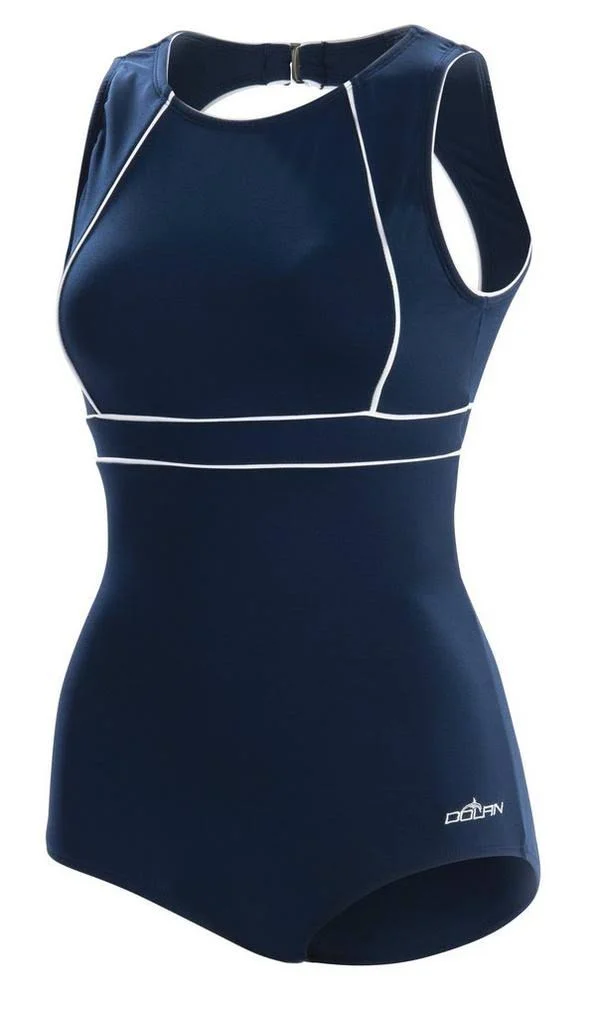 Dolfin Women's Aquashape High Clasp Neck Back One Piece Swimsuit - Size 14, Blue