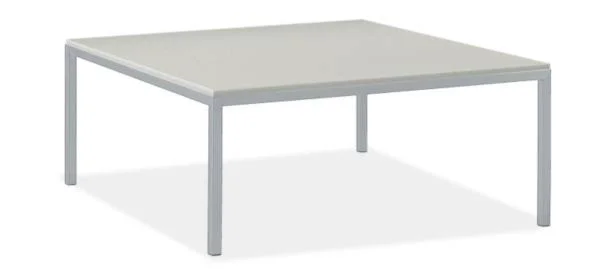 Room & Board, Modern Parsons Outdoor Coffee Table w/ 1x22 Leg 36D 36W 16h in White, White Recycled HDPE Top w/ Silver Base
