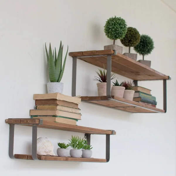 Recycled Wood and Metal Shelves (Set of 2)