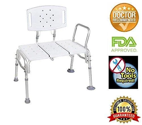 TRANSFER Bench Adjustable Height - Heavy Duty Bariatric 500 lb Plastic Seat with Back Non-Slip Seat White by Healthline