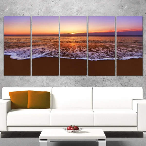 Design Art Orange Tinged Sea Waters at Sunset - Beach Canvas Wall Art, 60 in. Wide x 32 in. High - 5 Panels Diamond Shape