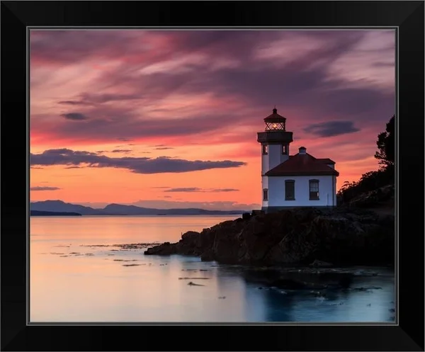 Orange Sunset at Lime Kiln Lighthouse, Black Framed Wall Art, 20x16, Great Big Canvas