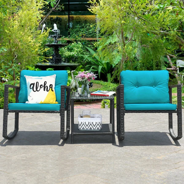 3 Pcs Patio Rattan Set Rocking Chair Cushioned Sofa Garden Furniture-Blue