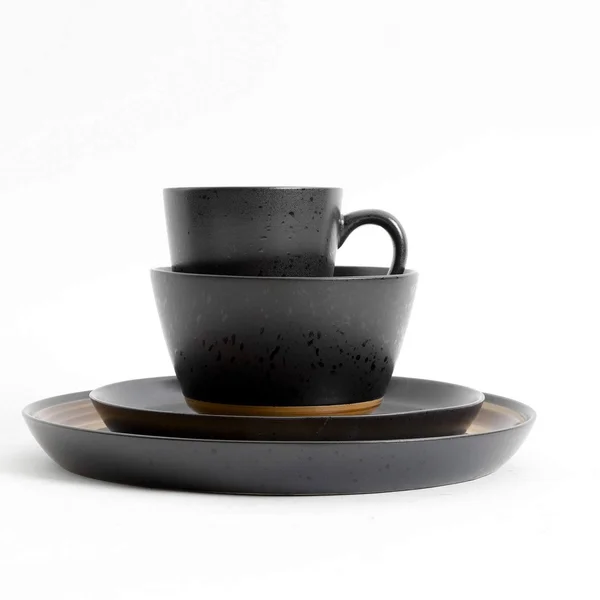 Gibson Tosca Woodlands 16 PC Black Dinnerware Set, with with Brown Woodlook, Trim Stoneware