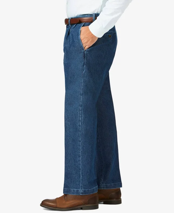 Haggar Men's Big & Tall Stretch Denim Classic-Fit Pleated Pants - Blue