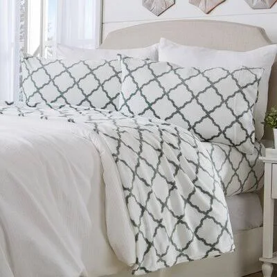 Everton Microfiber Flannel Sheet Set August Grove Size: King - Color: White/Jade