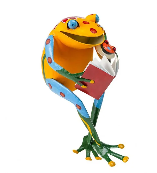 Handmade Metal Reading Frog Garden Sculpture - Size: One-Size, Red