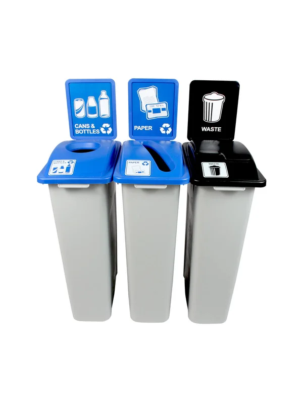 Busch Systems Waste Watcher Paper - Cans and Bottles Circle Solid Lift 69 Gallon Recycling Bin Set Color: Gray/Blue/Black