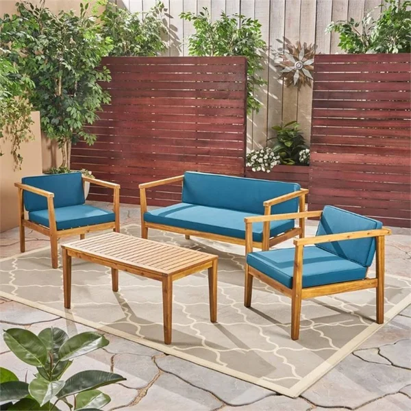 Newbury Outdoor 4 Piece Acacia Wood Chat Set with Cushions - Teak, Dark Teal