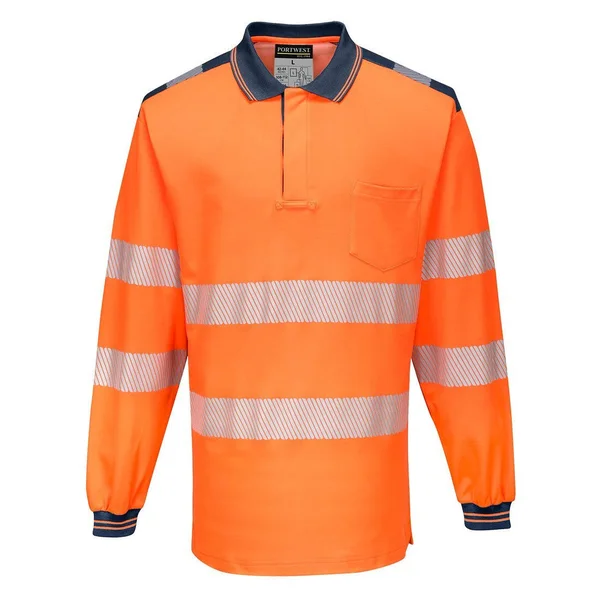 Portwest PW3 Hi-Vis Polo Shirt Long Sleeve T184 - Orange/Navy, L