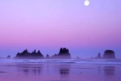 Charles Gurche Canvas Art Prints - Magnificent Sunset with Full Moon, Point of Arches, Shi Shi Beach, Olympic National Park, Was
