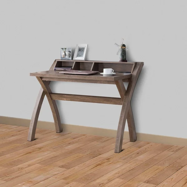 Multifunctional Wooden Desk with Electric Outlet and Trestle Base Brown