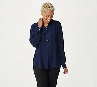 Susan Graver Woven Y-Neck Button-Front Shirt, Size 4X, Navy