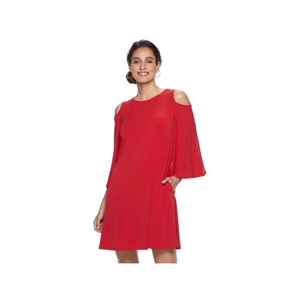 Women's Nina Leonard Draped Sleeve Cold-Shoulder Dress - Size: Small, Red