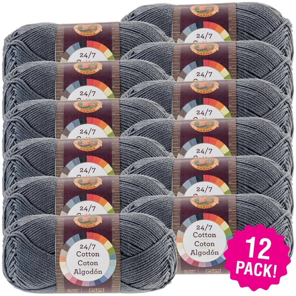 Lion Brand 24/7 Cotton Yarn - Charcoal - Multipack of 12