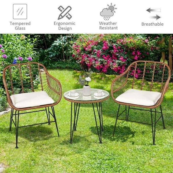 3 Pcs Patio Rattan Bistro Set with Cushion-White