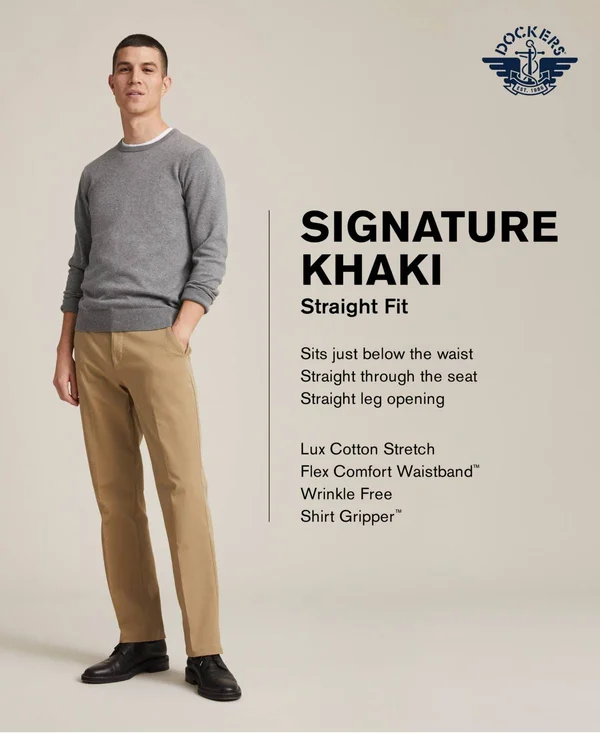 Dockers Men's Signature Lux Cotton Straight Fit Creased Stretch Khaki Pants - Olive Grove
