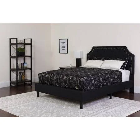 Brighton Full Size Tufted Upholstered Platform Bed in Black Fabric with Pocket Spring Mattress [sl-bm-6-gg], Size: 59 W x 81 D x