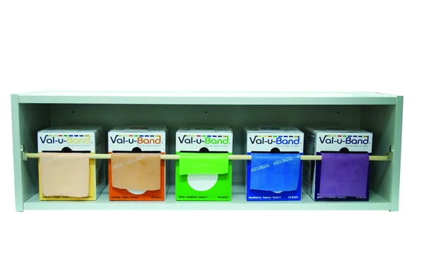 Val-u-Band Low Powder Exercise Band 50 Yard - 5 Piece Set (1 Each: Peach - Orange, Lime, Blueberry, Plum) - Rack