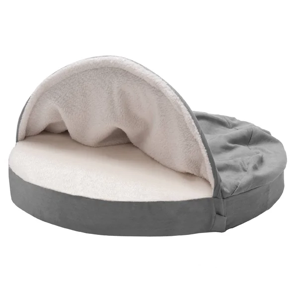 FurHaven Pet Dog Bed, Memory Foam Round Faux Sheepskin Snuggery Burrow Pet Bed for Dogs & Cats (Gray, 35x22 Base)