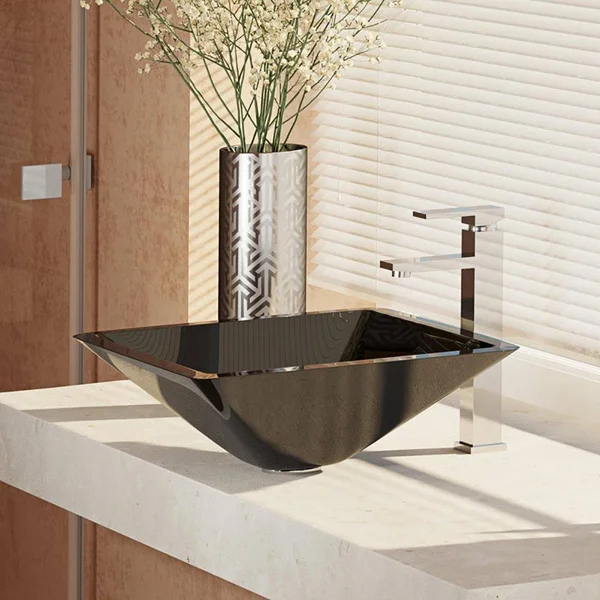 Rene R5-5003-NOR-R9-7003 16-1/2x22 Glass Vessel Bathroom Sink with Vessel Faucet Noir Dark - Chrome