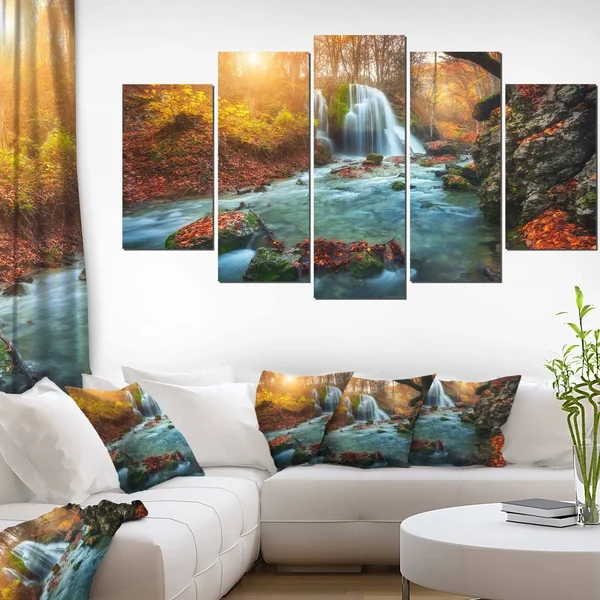 Design Art PT9799-373 Fast Flowing Fall River in Forest - Landscape Photography Canvas Print - 60x32 - 5