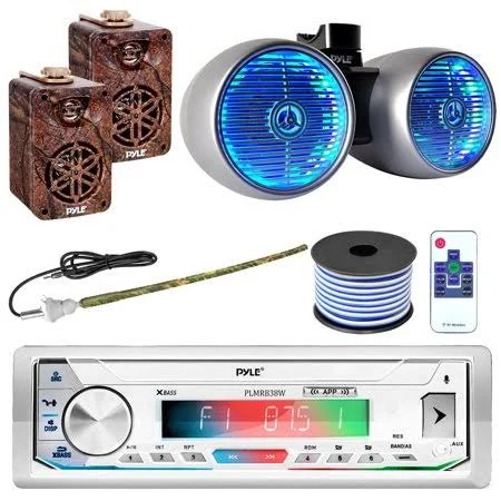 Pyle Plmrb39w Single DIN Am/fm Radio Usb/aux Bluetooth Marine White Receiver with 6.5 inch 400W Wakeboard Silver Marine LED Spea