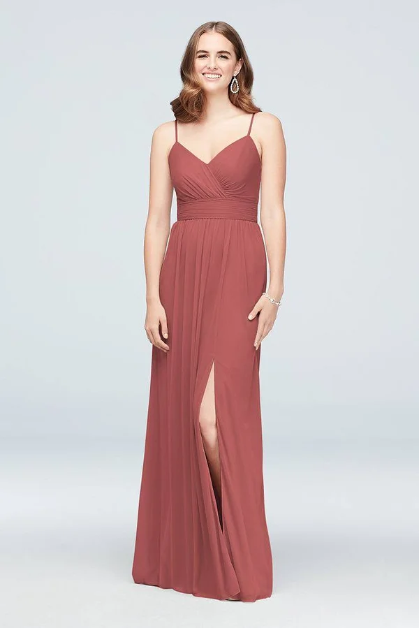 David&s Bridal Spaghetti Strap Ruched Waist Mesh Bridesmaid Dress - Juniper (Green), 12