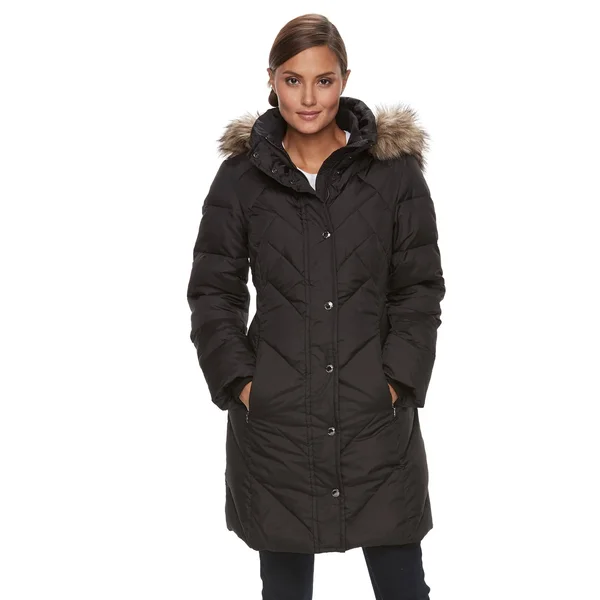 London Fog Women's Puffer Coat Black Faux Fur Hooded Puffer Coat L