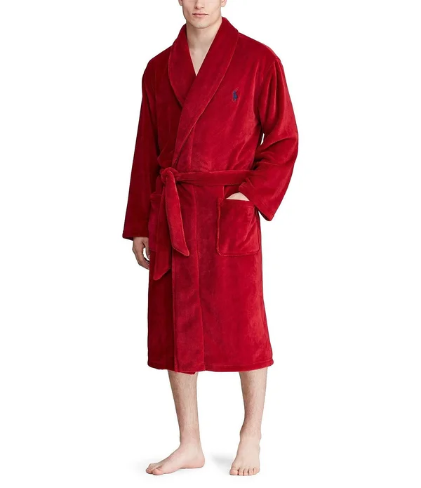 Polo Ralph Lauren Men's Microfiber Plush Shawl Collar Robe, Eaton Red, L/XL