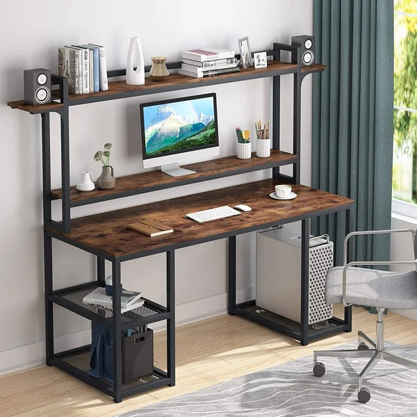 55 inch Large Writing Computer Desk with Storage - Rustic Brown