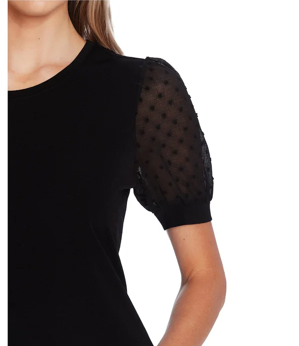 Women's Cece Puff Sleeve Mixed Media Top - Medium - Soft Ecru