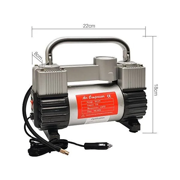 GSPSCN Silver Tire Inflator Heavy Duty Double Cylinders with Portable Bag - Metal 12V Air Compressor Pump 150PSI with Adapter for