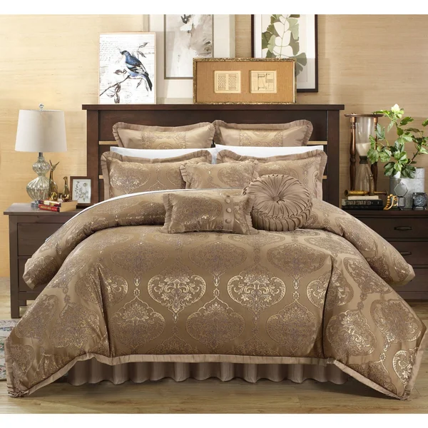 Chic Home Giovani 9-Piece Jacquard Comforter Set, Size: Queen, Gold