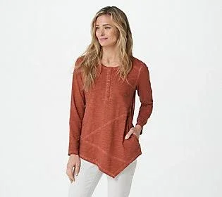 Logo by Lori Goldstein Distressed Cotton Slub Henley Top, Size X-Small, Burnt Brick