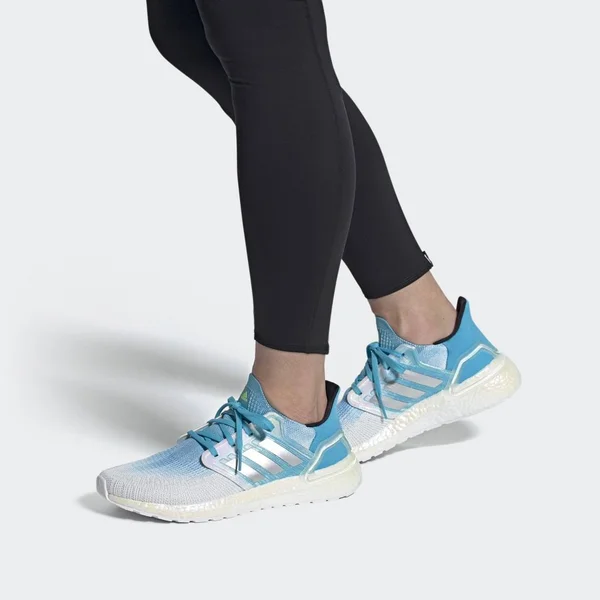 Adidas Ultraboost 20 White/Silver/Signal Cyan Men's Running Shoes, Size: 11.5