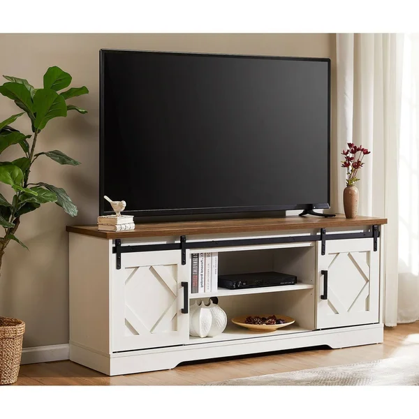 Wampat Farmhouse Sliding Barn Door TV Stand White 59x22