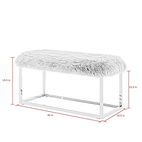 Inspired Home Degas Faux Fur Ottoman Bench with Metal Frame - White/Chrome